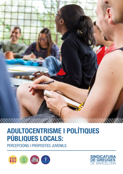 Portada de l'informe sobre Adultocentrisme i polítiques públiques, on persones joves es troben a una assamblea amb actitud alegre